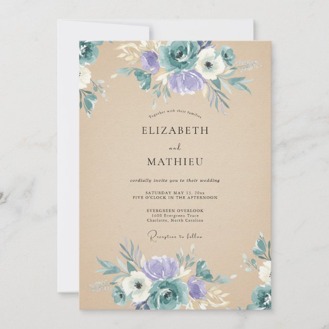 Antique Champagne Periwinkle Bloom Wedding Invitation (Front)