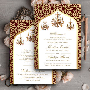 Antique Chandelier Burgundy Gold Muslim Wedding Invitation