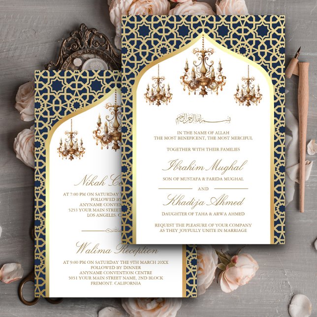 Antique Chandelier Navy Blue Gold Muslim Wedding  Invitation (Creator Uploaded)