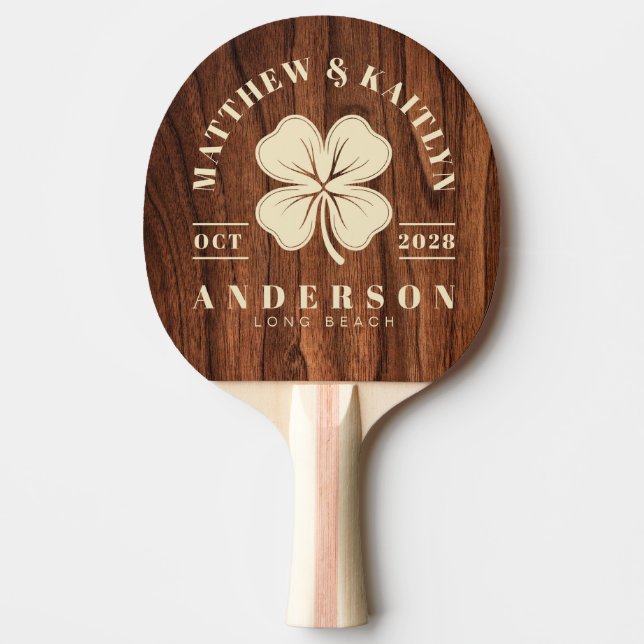Antique Cherry Wood Irish Clover Wedding Crest Ping Pong Paddle (Front)