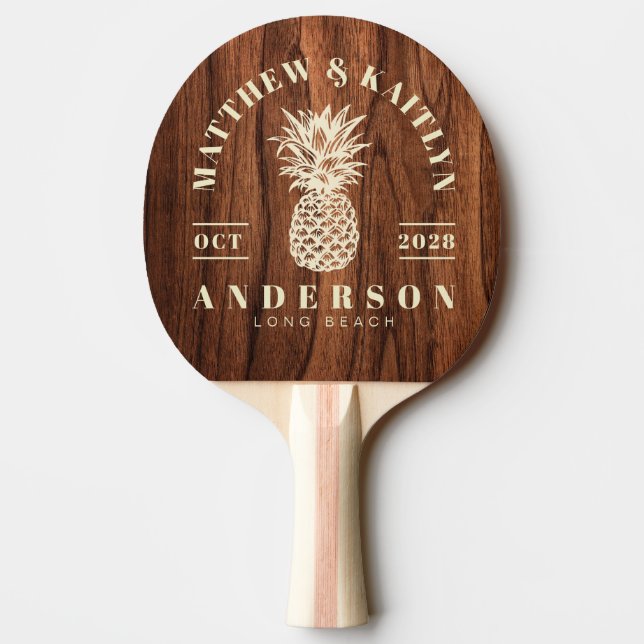 Antique Cherry Wood Tropical Pineapple Wedding Ping Pong Paddle (Back)