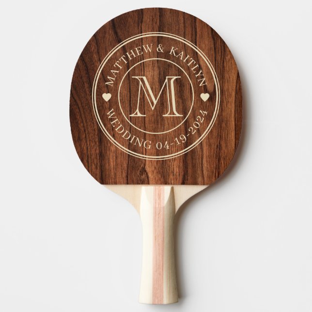Antique Cherry Wood Wedding Monogram Heart Ping Pong Paddle (Front)