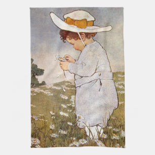 Antique Child Picking Daisies Bessie Pease Gutmann Tea Towel