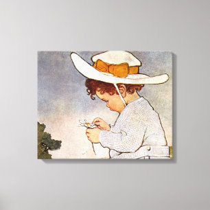 Antique Child Picking Daisies Flowers Canvas Print