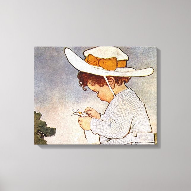 Antique Child Picking Daisies Flowers Canvas Print (Front)