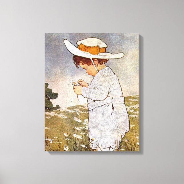 Antique Child Picking Daisies Flowers Canvas Print (Front)