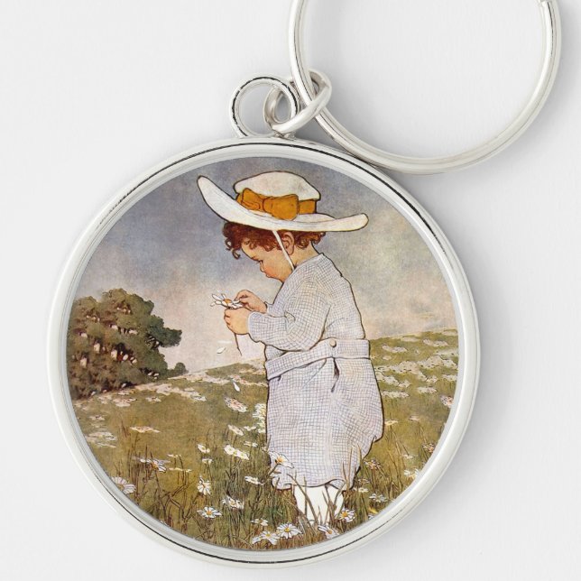 Antique Child Picking Daisies Flowers Key Ring (Front)