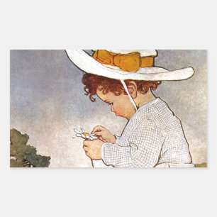 Antique Child Picking Daisies Flowers Rectangular Sticker