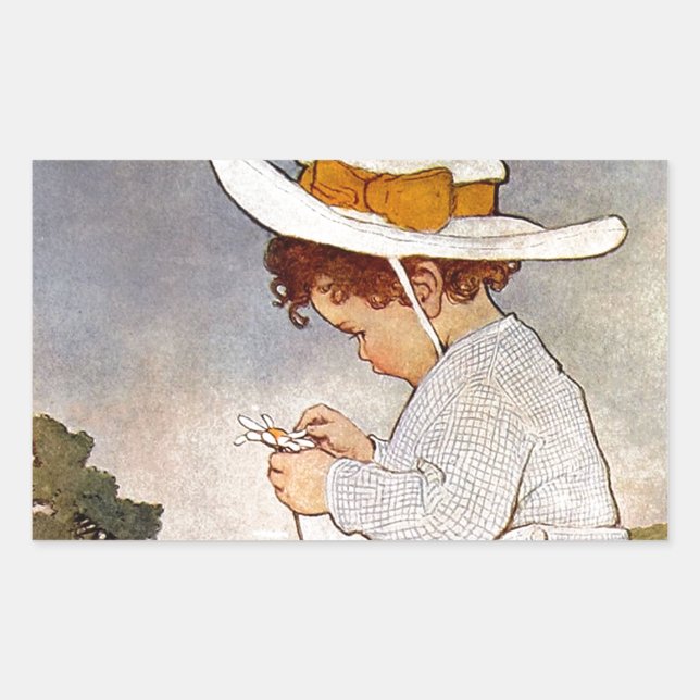 Antique Child Picking Daisies Flowers Rectangular Sticker (Front)