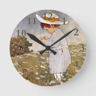 Antique Child Picking Daisies Flowers Round Clock