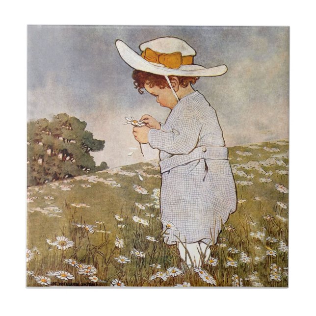 Antique Child Picking Daisies Flowers Tile (Front)