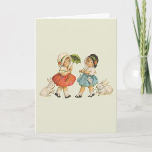 Antique Children Rabbit Easter Art Holiday Card