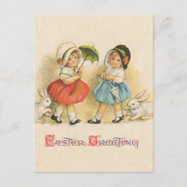 Antique Children Rabbit Easter Art Holiday Postcard (Front)