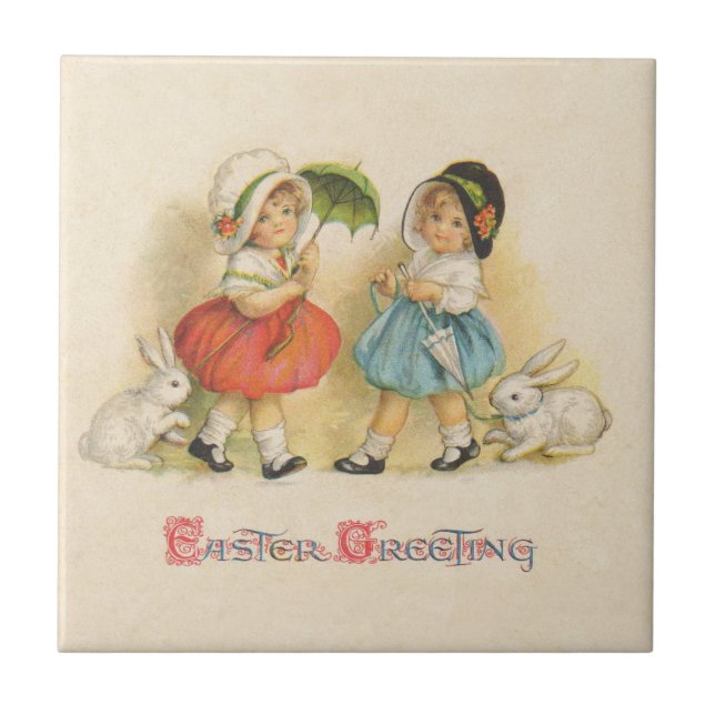 Antique Children Rabbit Easter Art Tile (Front)