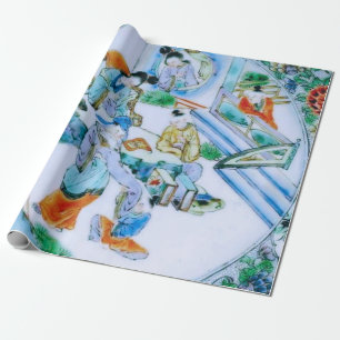 Antique Chinese Blue Chinoiserie Floral Decoupage Wrapping Paper