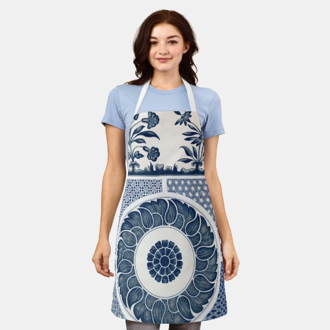Antique Chinese Blue White Porcelain Pattern Apron (Worn)