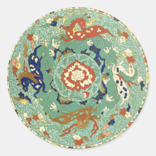 Antique Chinese Circle Blue Green Classic Round Sticker