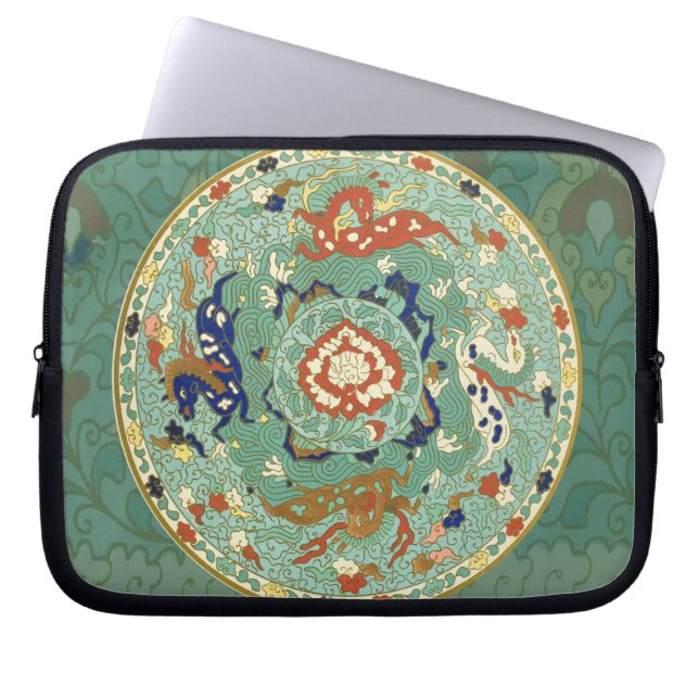 Antique Chinese Circle Blue Green Laptop Sleeve (Front)
