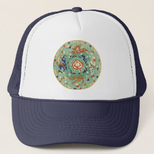 Antique Chinese Circle Blue Green Trucker Hat