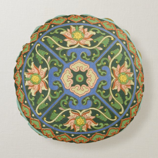 Antique Chinese Cloisonne Pattern: Jade Green Round Cushion (Front)