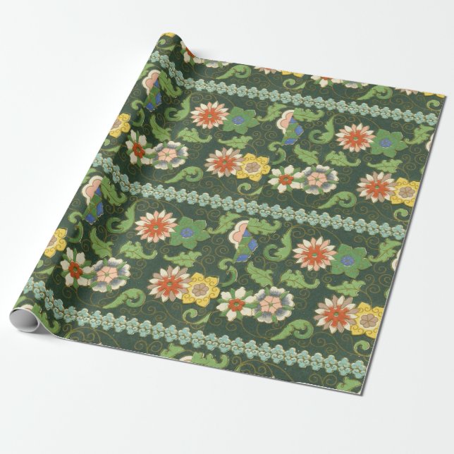 Antique Chinese Cloisonne Pattern: Jade Green Wrapping Paper (Unrolled)