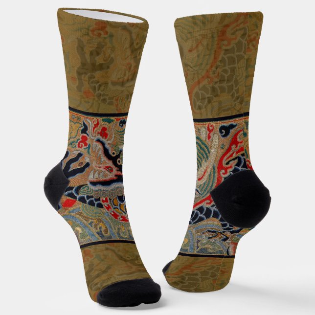 Antique Chinese Dragon Silk Embroidery Pattern Socks (Angled)