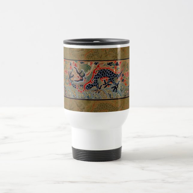 Antique Chinese Dragon Silk Embroidery Pattern Travel Mug (Center)
