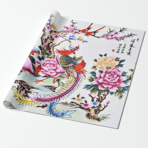 Antique Chinese Floral Birds Chinoiserie Decoupage Wrapping Paper