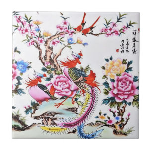 Antique Chinese Floral Birds White Chinoiserie Tile