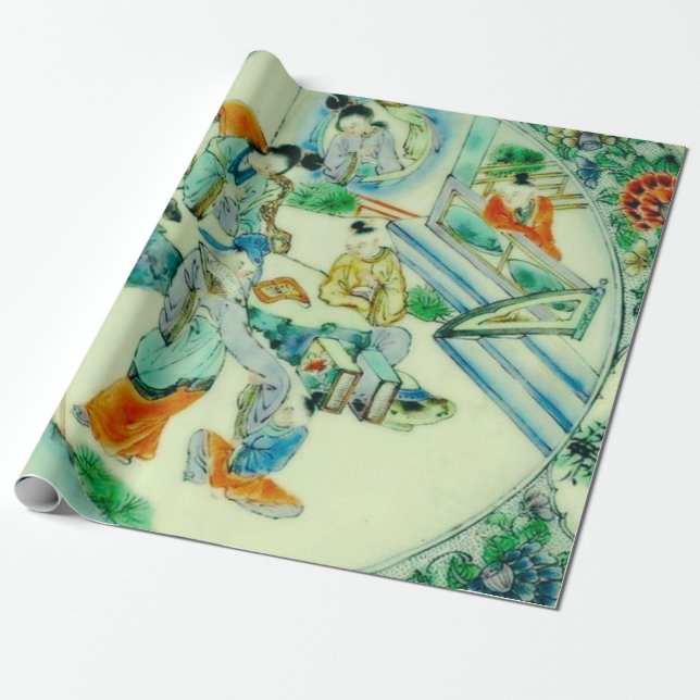 Antique Chinese Green Chinoiserie Floral Decoupage Wrapping Paper (Unrolled)