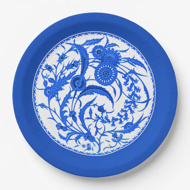 Antique Chinese Jacobean Floral - Cobalt Blue Paper Plate (Front)