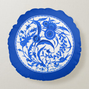 Antique Chinese Jacobean Floral - Cobalt Blue Round Cushion