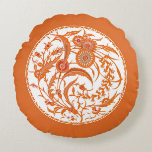 Antique Chinese Jacobean Floral - Mandarin Orange  Round Cushion