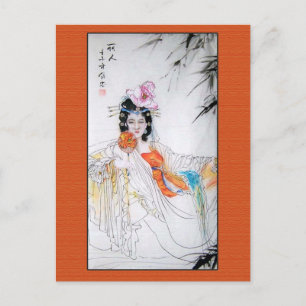 Antique Chinese Painting Lady with Fan in Orange Postcard