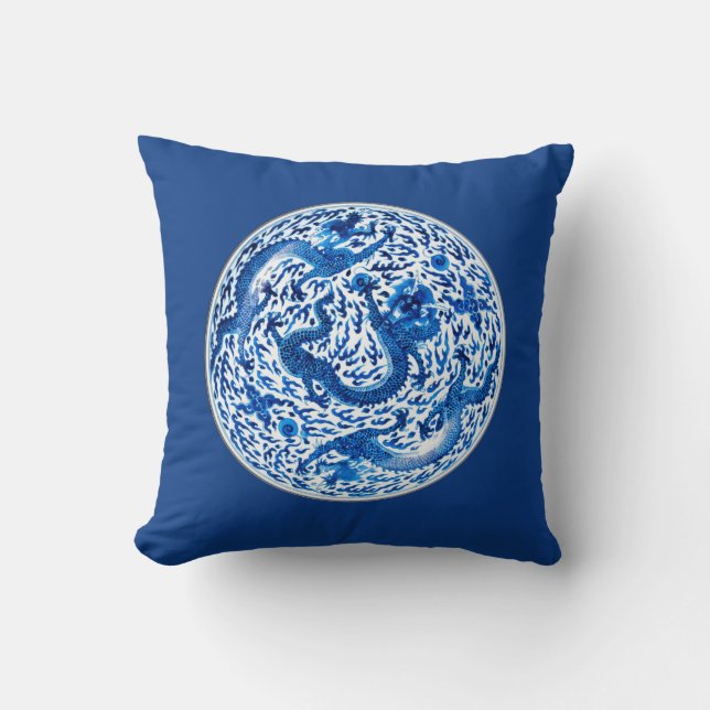 Antique Chinese Plate, Cobalt Blue Dragons Cushion (Front)