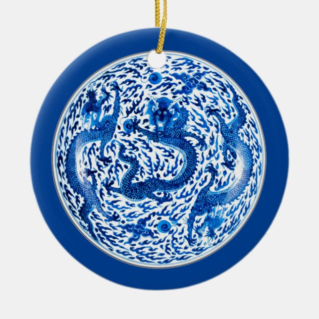 Antique Chinese Porcelain Plate, Cobalt Dragons Ceramic Tree Decoration (Front)