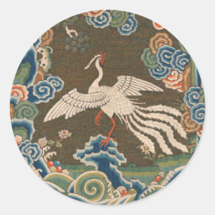 Antique Chinese White Bird Silk Embroidery Print Classic Round Sticker