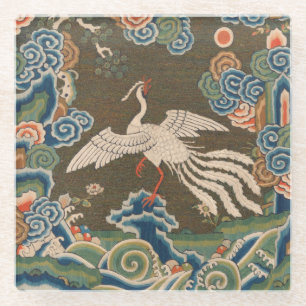 Antique Chinese White Bird Silk Embroidery Print Glass Coaster