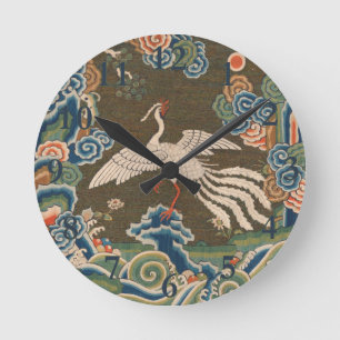 Antique Chinese White Bird Silk Embroidery Print Round Clock