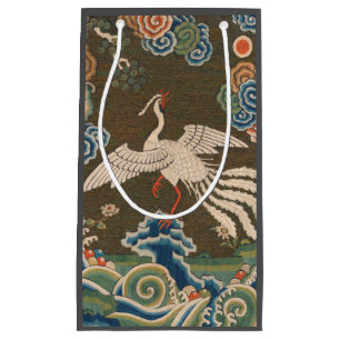 Antique Chinese White Bird Silk Embroidery Print Small Gift Bag