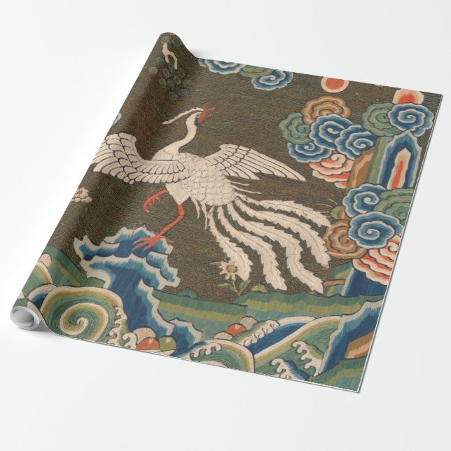 Antique Chinese White Bird Silk Embroidery Print Wrapping Paper (Unrolled)