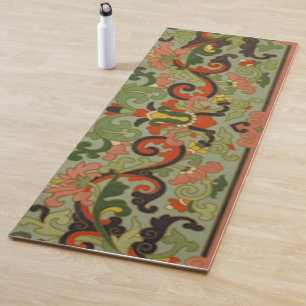 Antique Chinoiserie Chinese Abstract Floral Olive  Yoga Mat