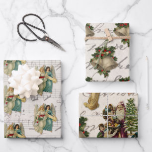 Antique Christmas Angels Bells Santa Children Wrapping Paper Sheet