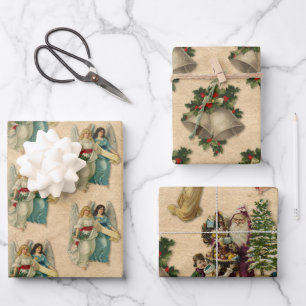 Antique Christmas Angels Bells Santa Parchment Wrapping Paper Sheet