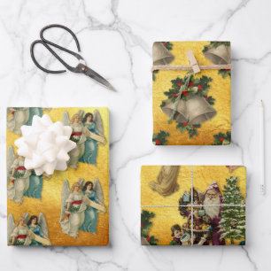 Antique Christmas Angels Bells Santa Rich Gold Wrapping Paper Sheet