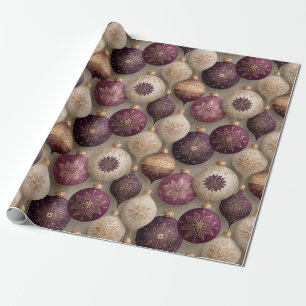 Antique Christmas Bauble Pattern Plum Gold Cream Wrapping Paper
