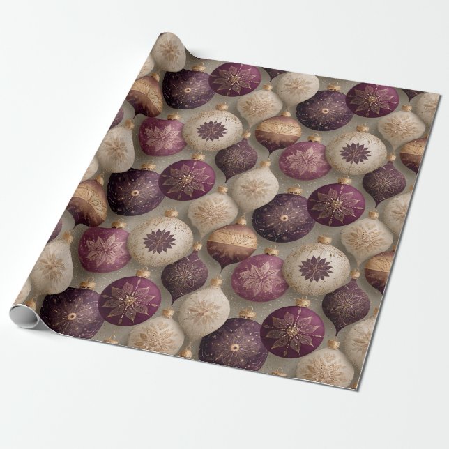 Antique Christmas Bauble Pattern Plum Gold Cream Wrapping Paper (Unrolled)