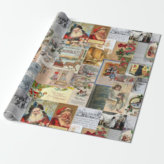Antique Christmas Ephemera Collage Decoupage Wrapping Paper (Unrolled)