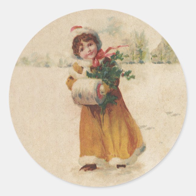 Antique Christmas Girl Winter Child Classic Round Sticker (Front)