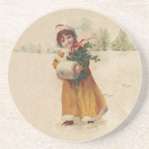 Antique Christmas Girl Winter Child Coaster